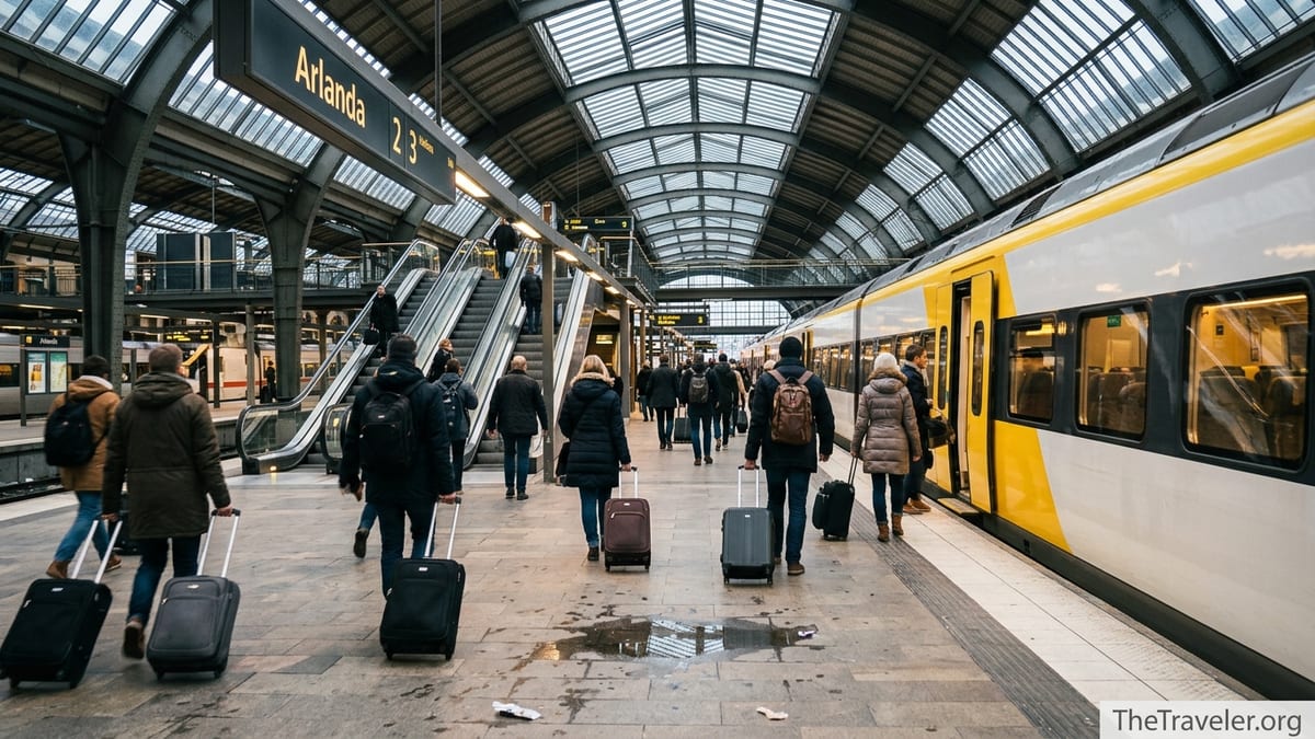 Travelers boarding the Arlanda Express at Stockholm Central Station in winter light.