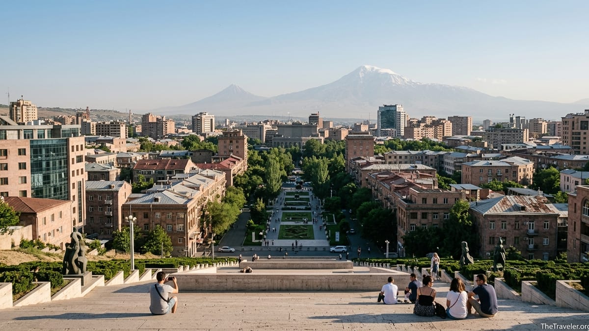 View over Yerevan from the Cascade with Mount Ararat in the distance on a clear day.