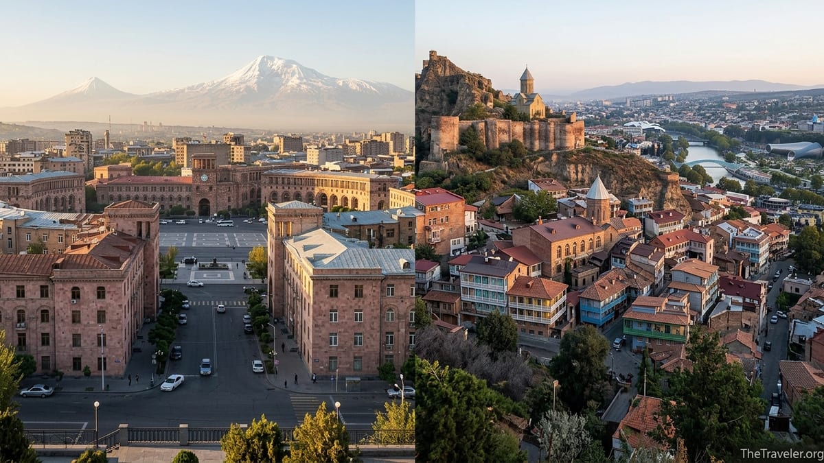 Sunrise panorama contrasting Yerevan’s pink stone skyline with Tbilisi’s old town rooftops in the South Caucasus.