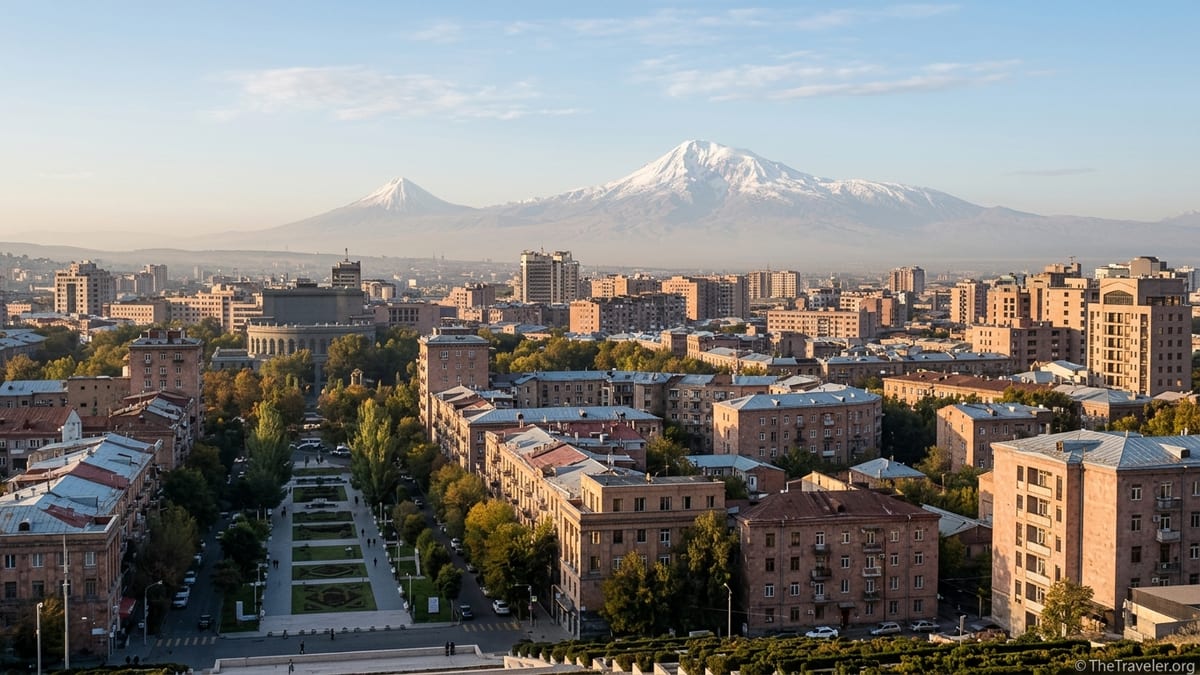 Sunrise over Yerevan with Mount Ararat in the background seen from above the Cascade