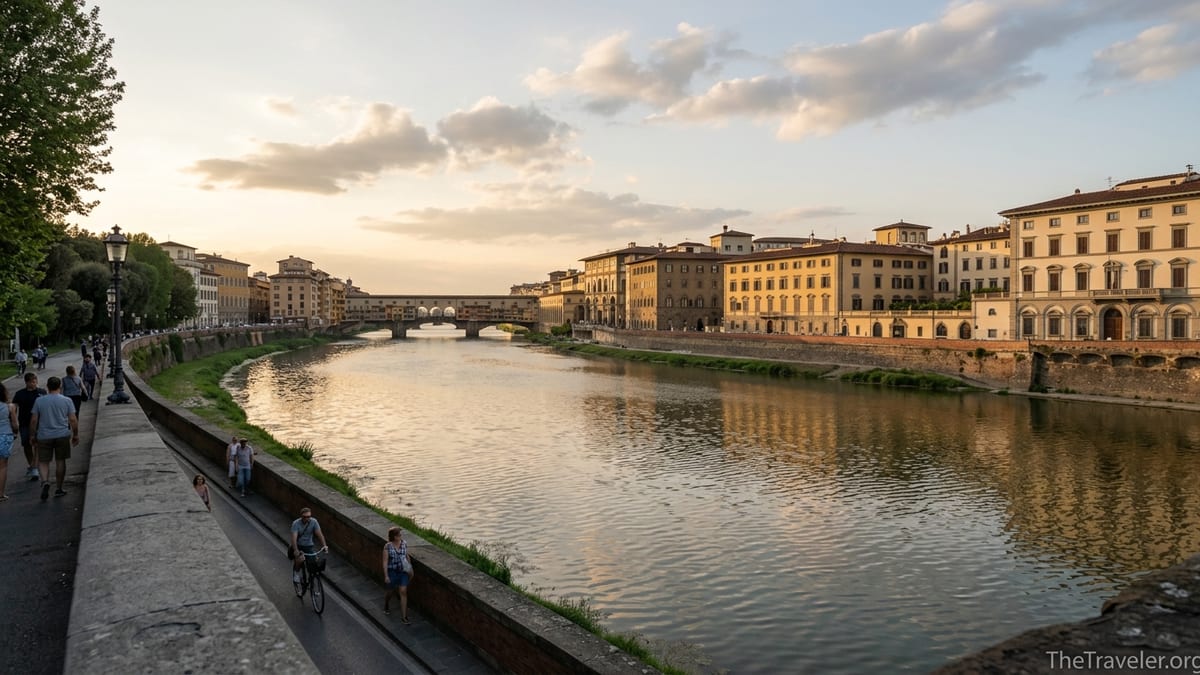 Golden hour view along the Arno River in Florence with bridges, palaces, and locals walking by the water.