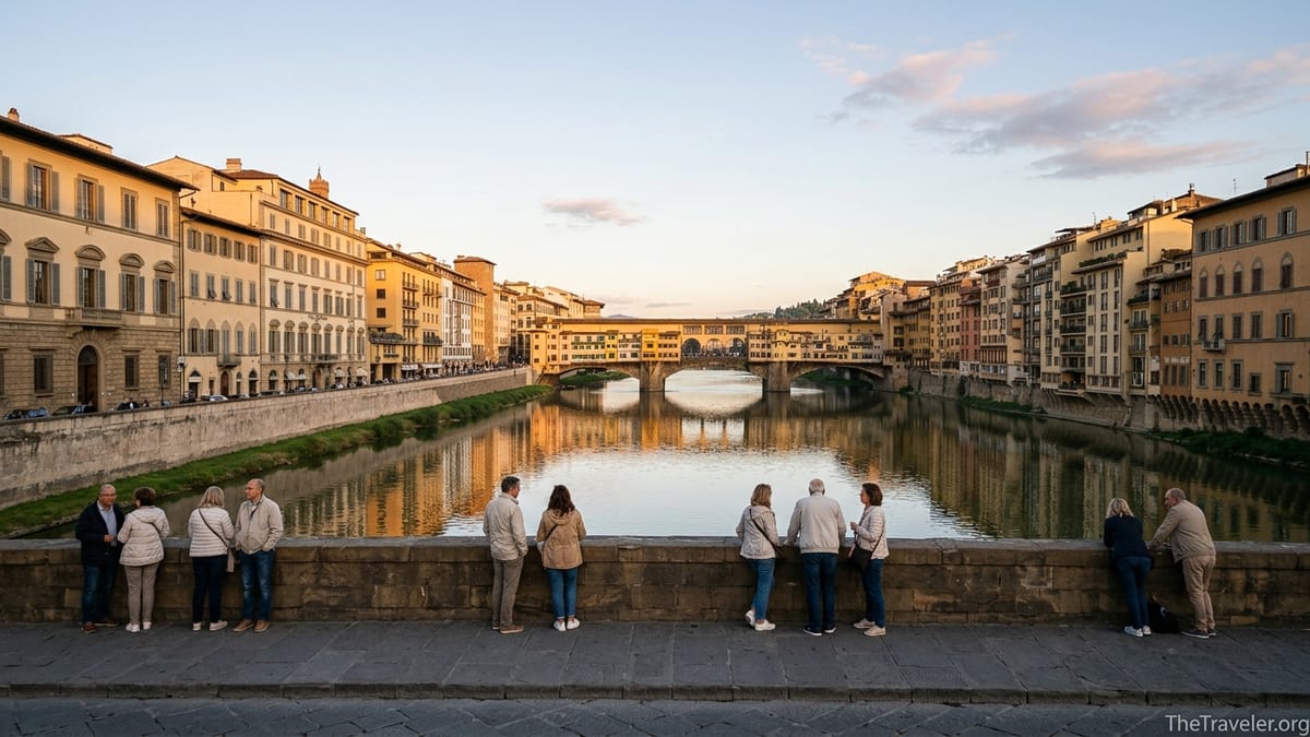 Golden-hour view of Florence’s Arno River and Ponte Vecchio with warm light and light crowds.