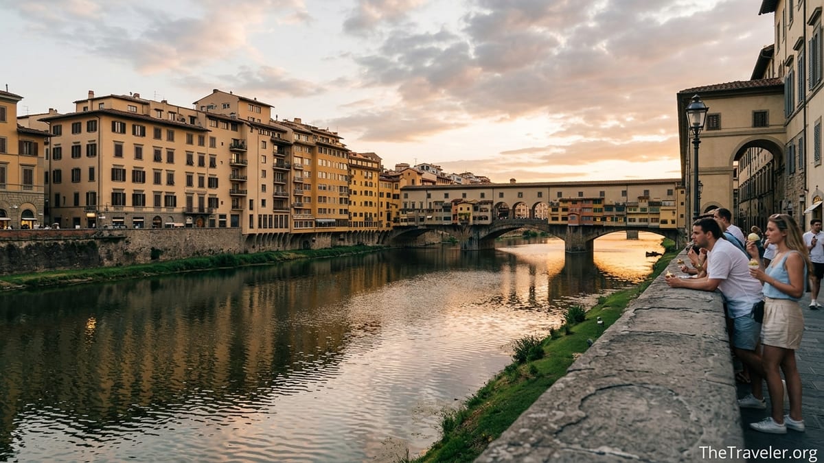 Sunset light reflecting on the Arno River and Ponte Vecchio in Florence.