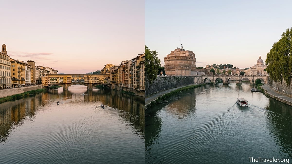 Evening view of Florence’s Arno River and Rome’s Tiber River with historic bridges and riverside buildings.