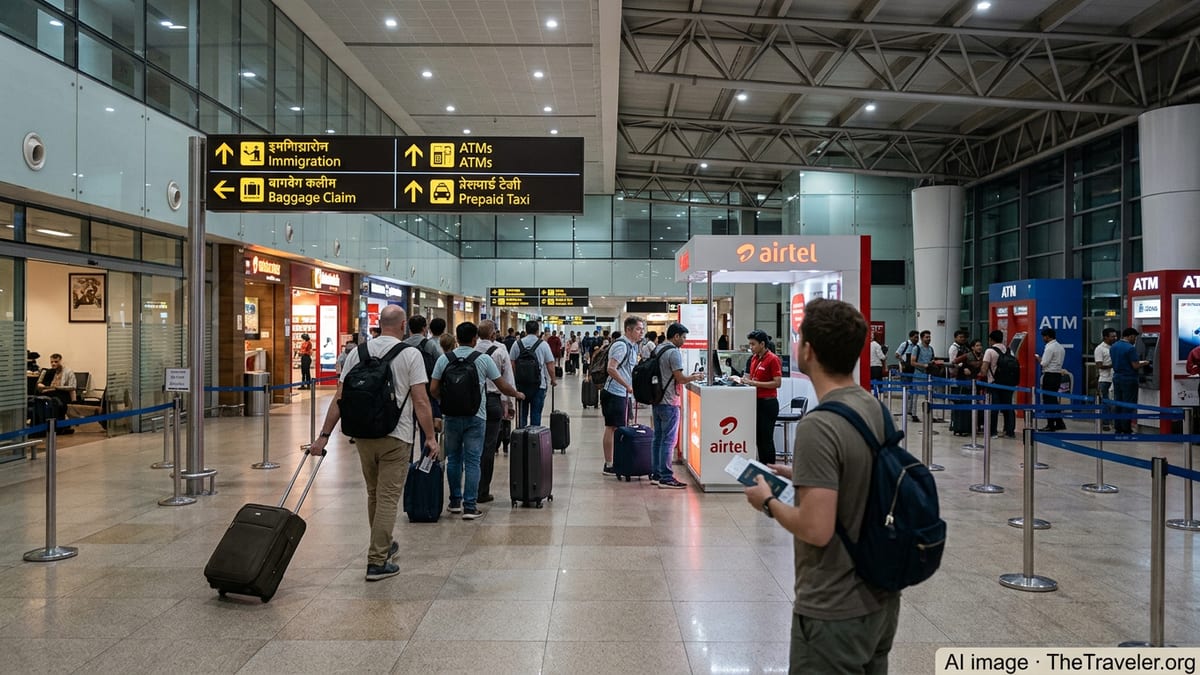 Arrivals hall of a major Indian airport with signs for immigration, ATMs, SIM cards, and taxis.