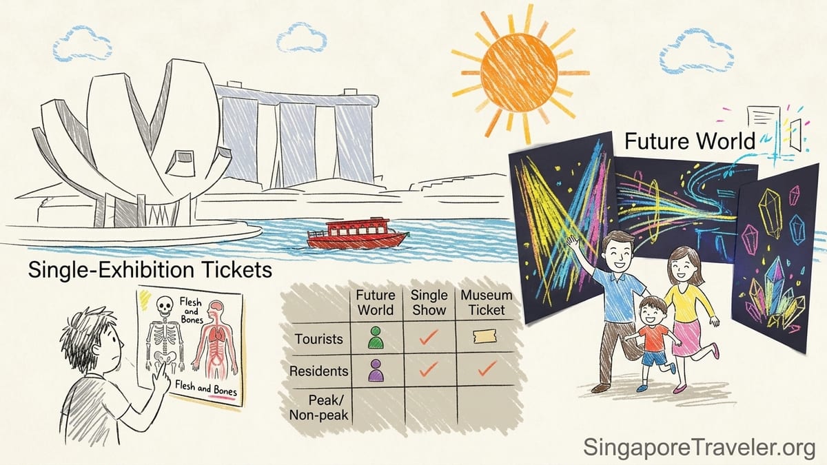 Visitors outside Singapore’s ArtScience Museum on a sunny day near Marina Bay.