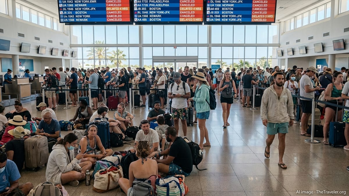 Stranded passengers crowd the Aruba airport departure hall as U.S.-bound flights show canceled and delayed on overhead boards
