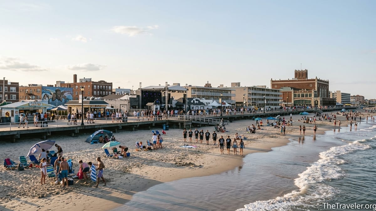 Asbury Park beach and boardwalk at sunset with crowds heading toward a seaside music venue.