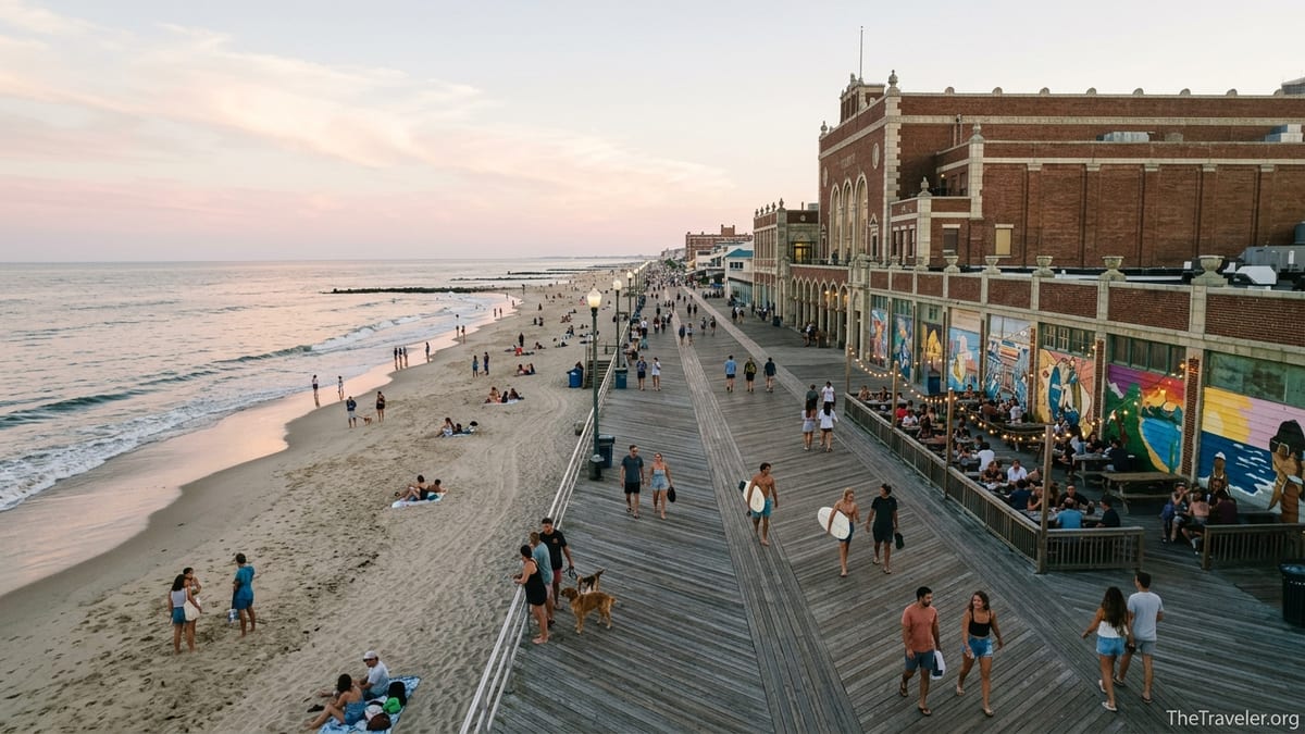 People walking along the Asbury Park boardwalk at sunset with murals and historic buildings in view.