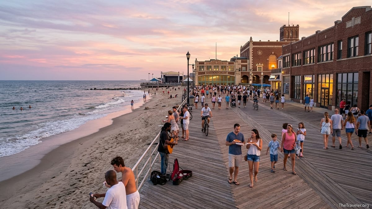 Summer evening crowds on the Asbury Park boardwalk with beach and Convention Hall at sunset.