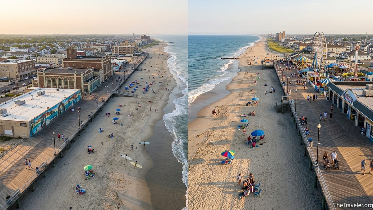 Aerial view of Asbury Park and Point Pleasant Beach boardwalks at golden hour with crowds on the sand and piers.
