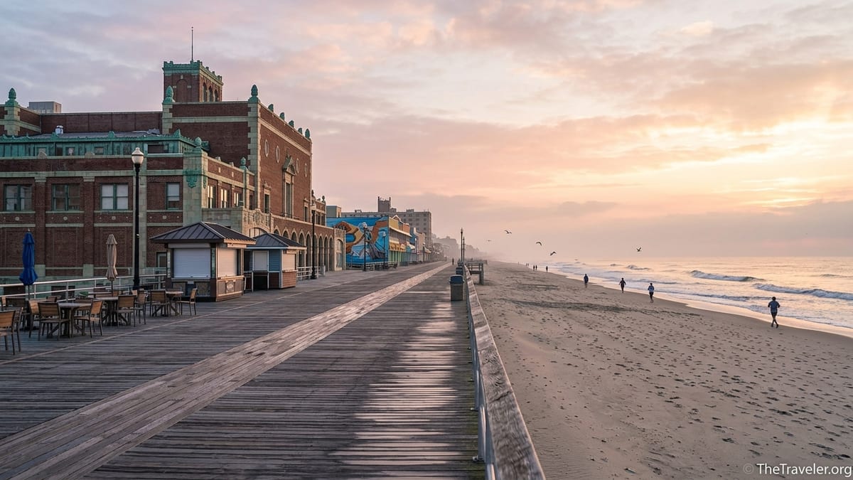 Sunrise over the Asbury Park boardwalk and beach with Convention Hall in view.