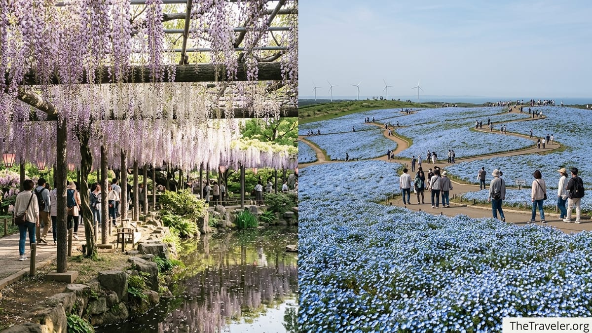 Spring wisteria at Ashikaga Flower Park and blue nemophila fields at Hitachi Seaside Park.
