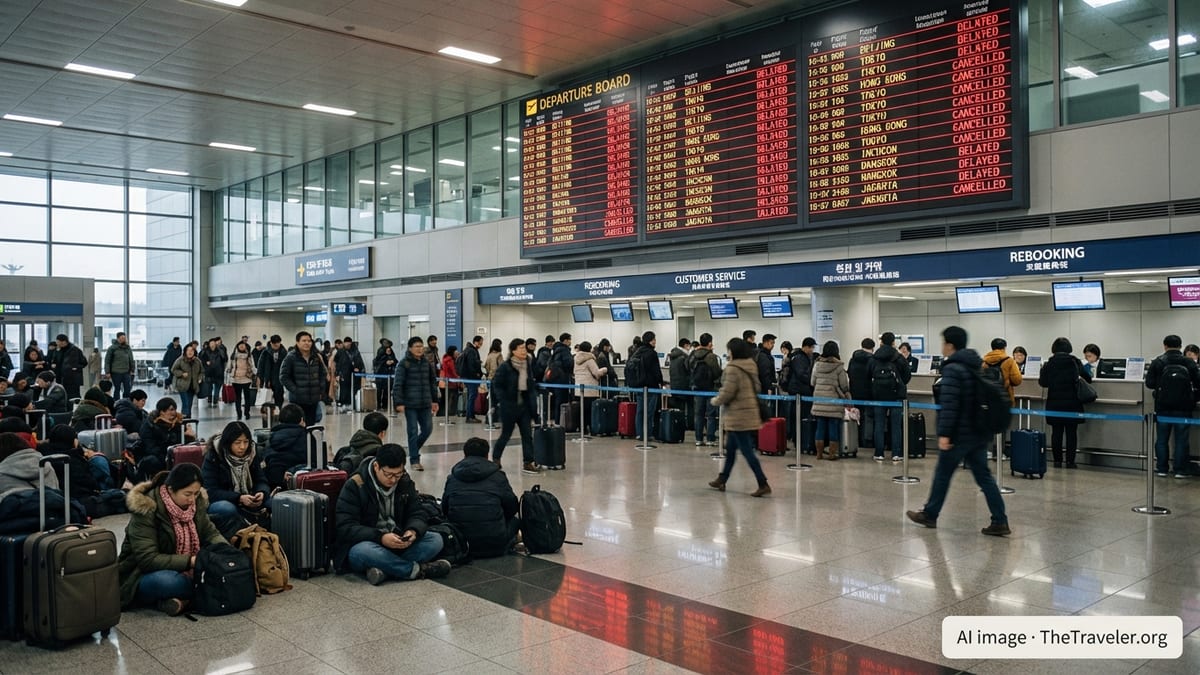 Crowded Asian airport terminal with passengers waiting under a board of delayed and cancelled flights.
