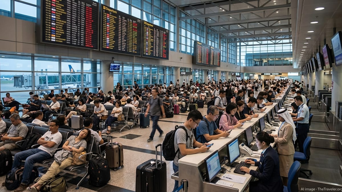 Crowded Asian airport terminal with stranded passengers under boards of delayed and cancelled flights.