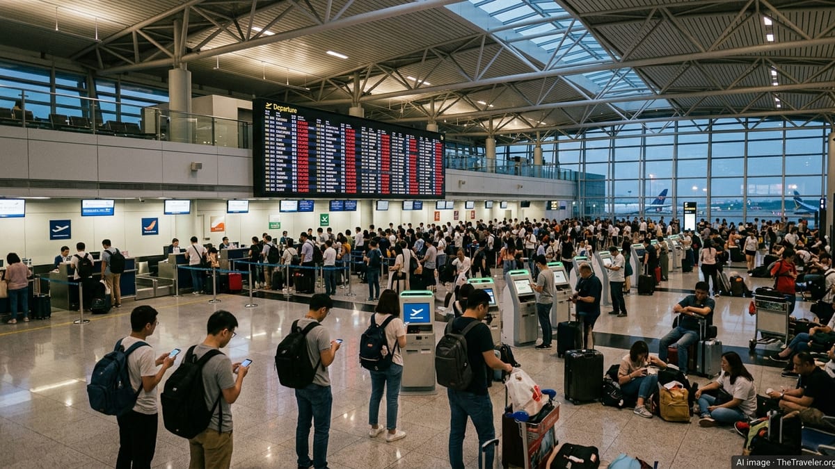 Crowded airport departure hall in Asia with passengers queuing amid multiple delayed and cancelled flights.