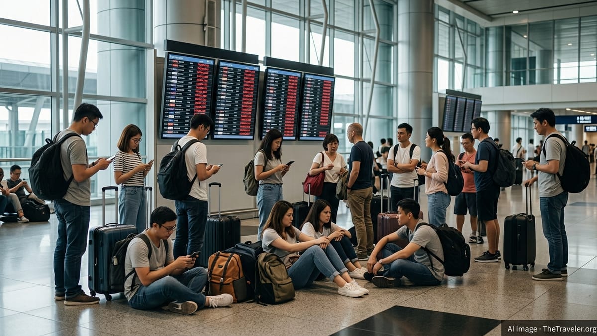 Stranded passengers crowd around a departure board showing multiple cancelled flights in a busy Asian airport terminal.