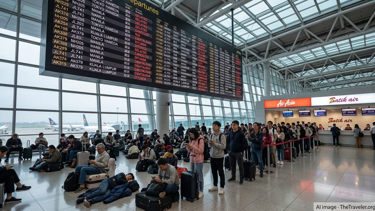 Stranded passengers crowd beneath a departure board showing multiple delayed and canceled flights at a major Asian airport.