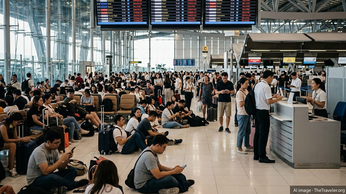 Stranded passengers wait in a crowded Asian airport terminal as multiple flights show canceled on departure boards.