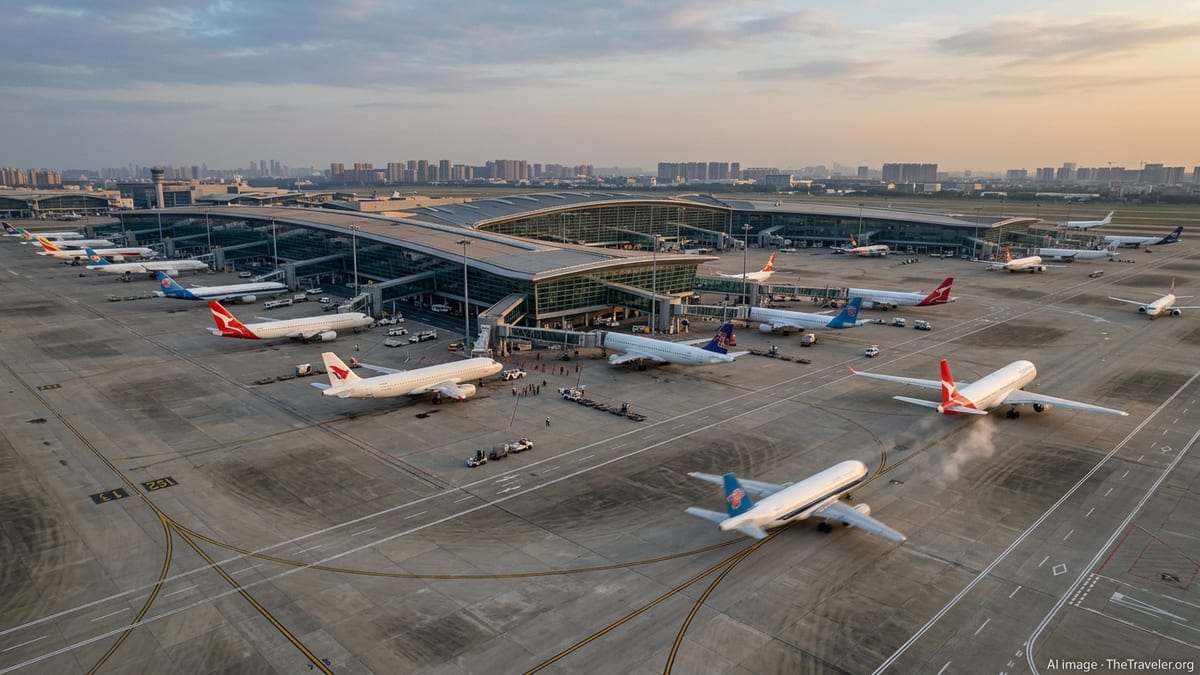 Aerial view of jets from multiple Asia-Pacific airlines at a busy airport at dusk.