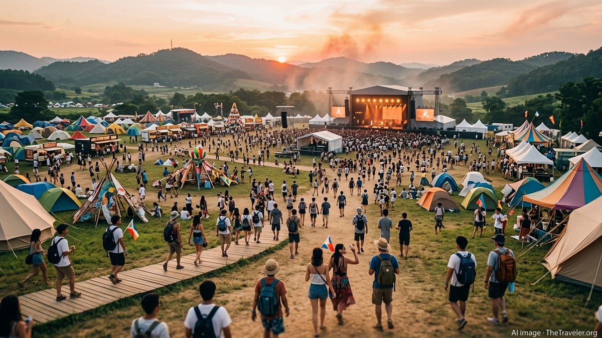 Aerial view of an Asian outdoor music festival at sunset with crowds and stages.