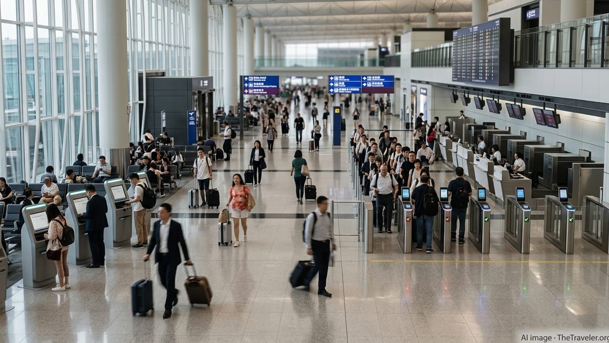 Travelers use biometric gates and self-service kiosks in a busy Asian airport terminal.