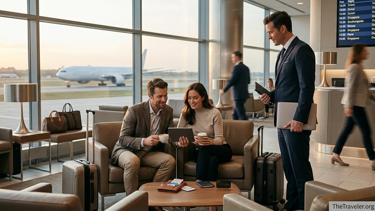 Traveler couple with concierge in an airport lounge reviewing a luxury trip itinerary.