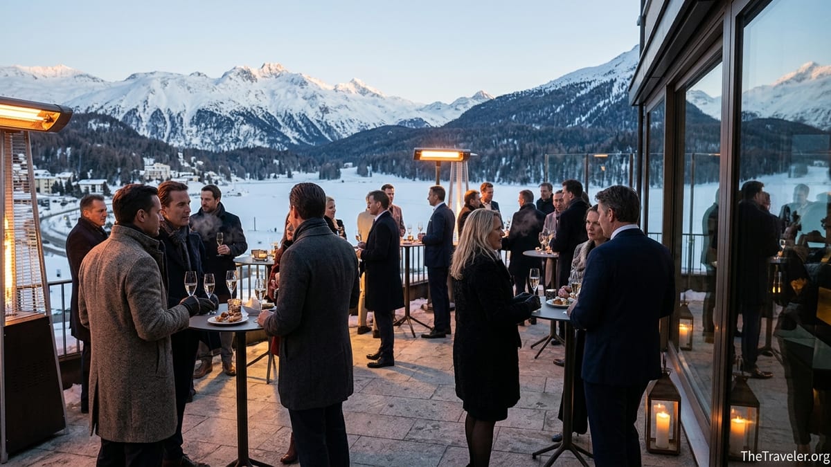 Guests at a stylish rooftop gathering in St. Moritz with snowy mountains and a frozen lake at sunset.