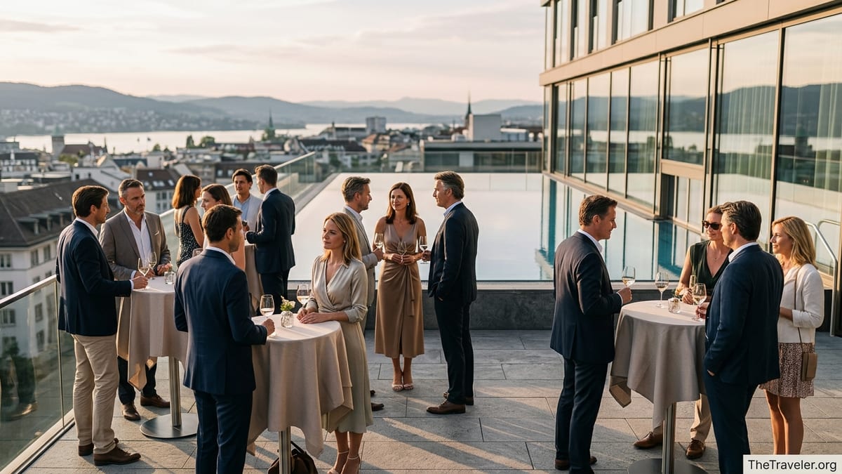 Guests networking on a luxury hotel rooftop terrace at sunset overlooking a European city.