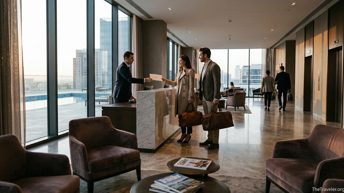 Couple checking in at a luxury hotel reception with concierge during golden hour.