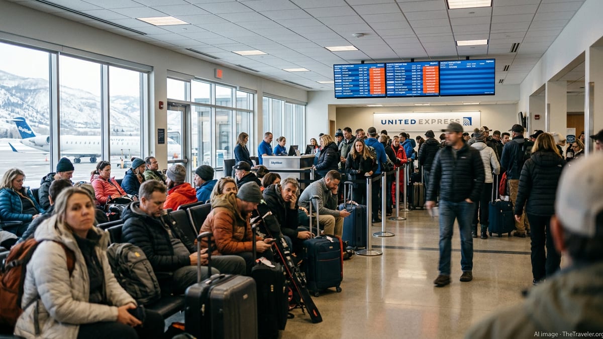 Crowded Aspen airport gate with SkyWest passengers facing delays in winter.