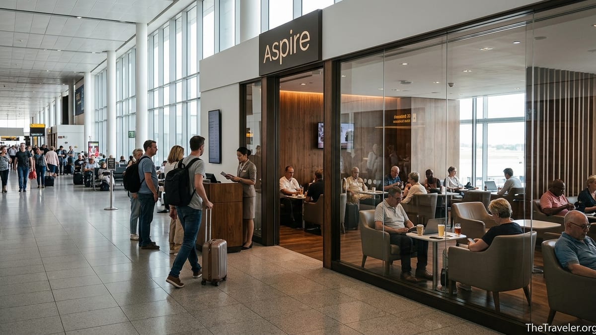 Travellers entering an Aspire airport lounge beside a busy terminal concourse.