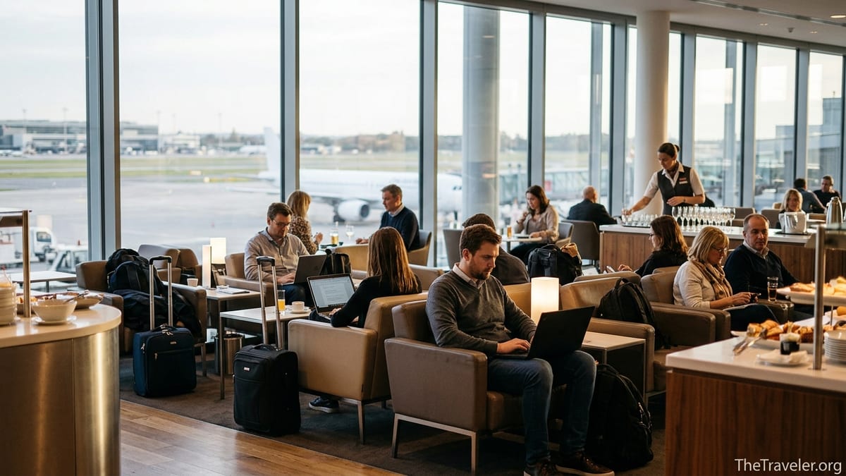 Travelers relaxing and working inside a modern airport lounge with runway views.