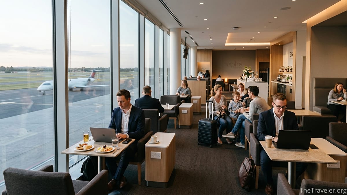 Travelers relaxing in an Aspire airport lounge with runway views and buffet.