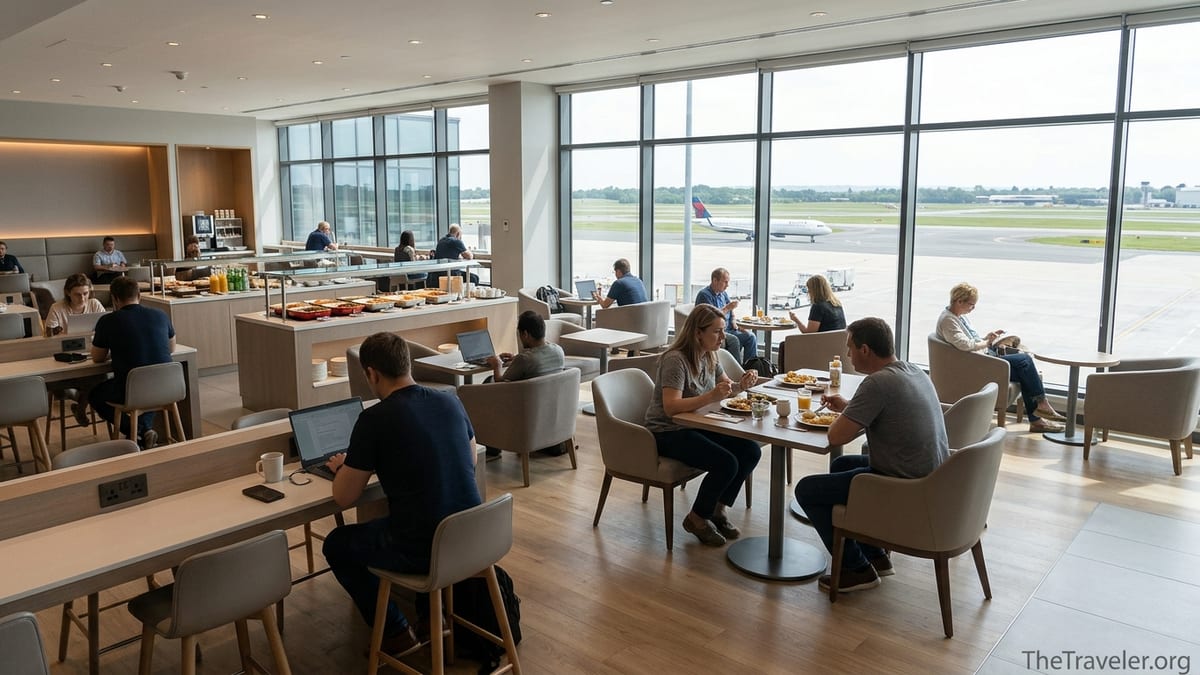 Travelers relaxing and working inside a bright modern airport lounge overlooking the runway.