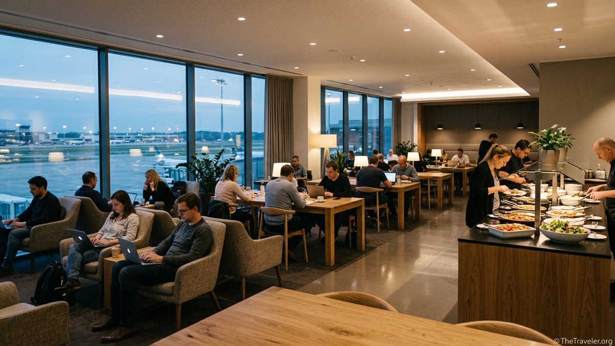 Travelers relaxing and working inside a calm Aspire airport lounge at dusk.