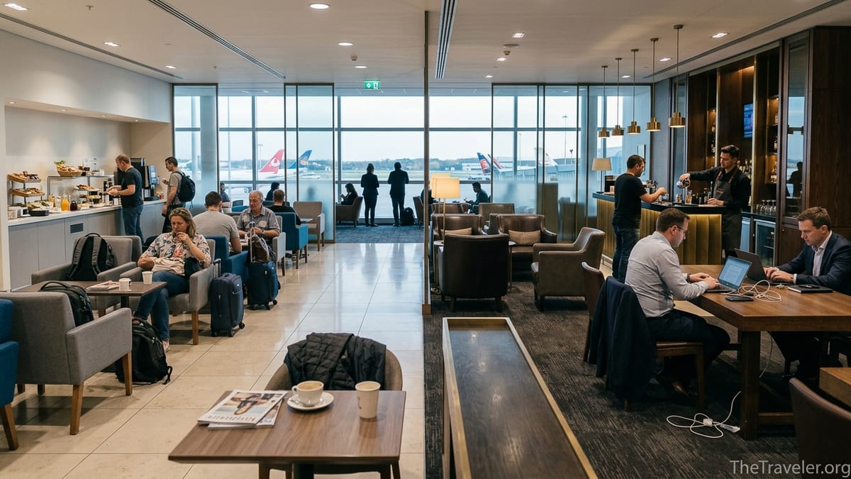 Travelers relaxing and working in a modern airport lounge with two contrasting seating zones.