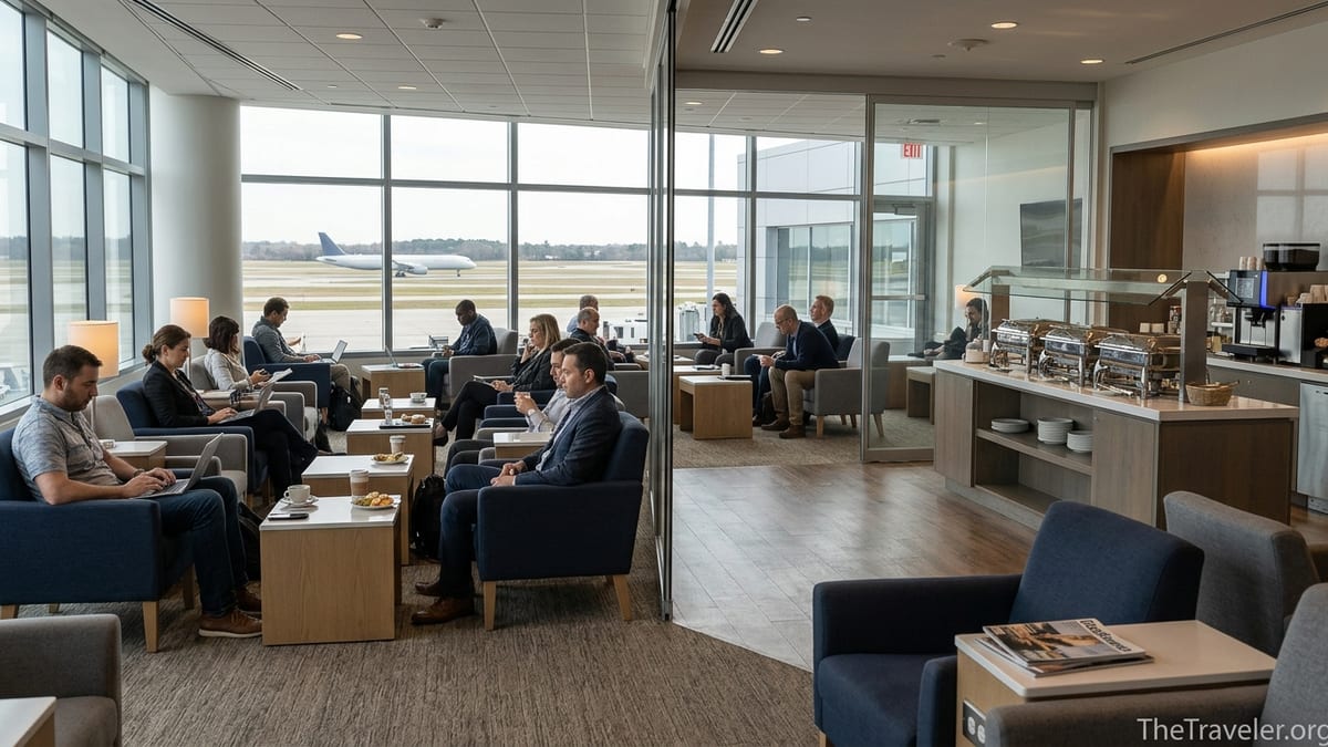Travelers relaxing and working inside a bright airport lounge with runway views.