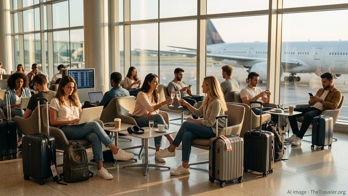 Young travelers relax in a premium airport lounge with views of a jet outside.