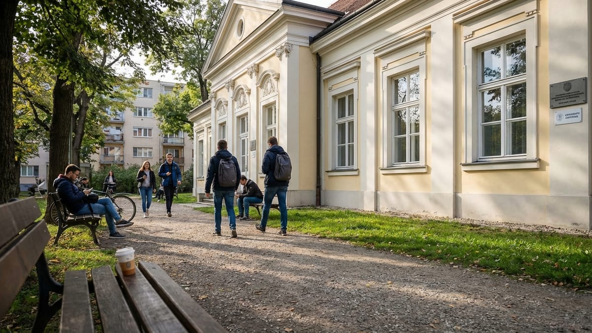 View of Aspremont Summer Palace from Bratislava's Medical Garden with locals lounging.