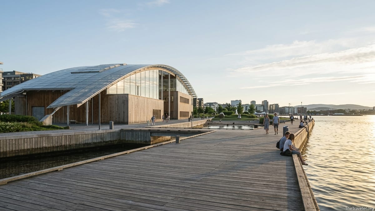 Astrup Fearnley Museum on Oslo’s waterfront with visitors walking along the pier at sunset.