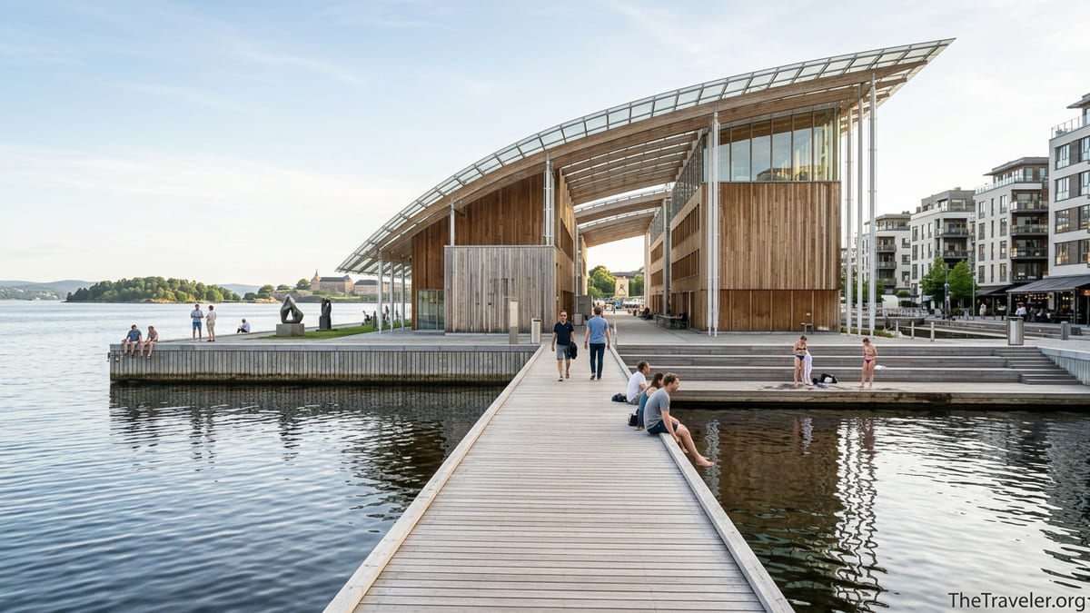 Astrup Fearnley Museum on Oslo’s Tjuvholmen waterfront with visitors, sculptures and fjord views.