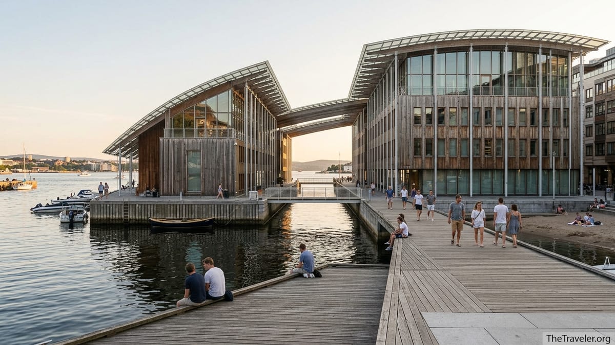 Waterfront view of Oslo’s Astrup Fearnley Museum with people walking along the Tjuvholmen boardwalk.