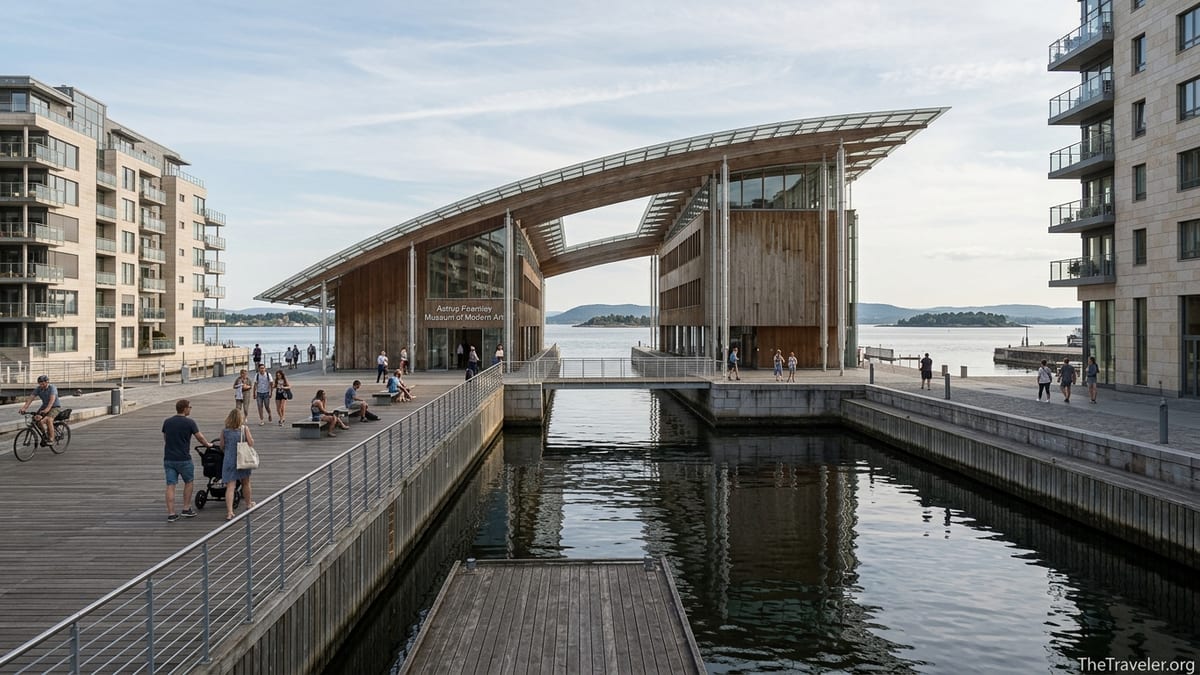 Visitors walking along the Oslo waterfront outside the glass and wood Astrup Fearnley Museum on Tjuvholmen.