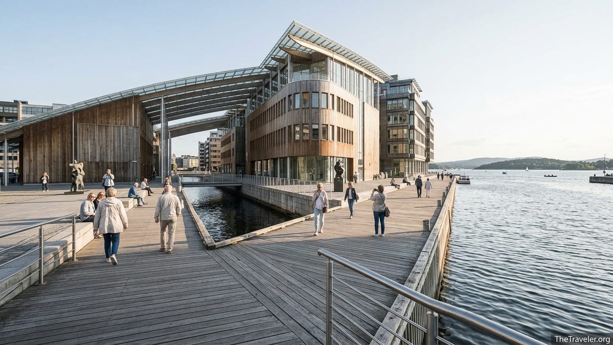 Visitors walking along the waterfront boardwalk outside Oslo’s Astrup Fearnley Museum of Modern Art