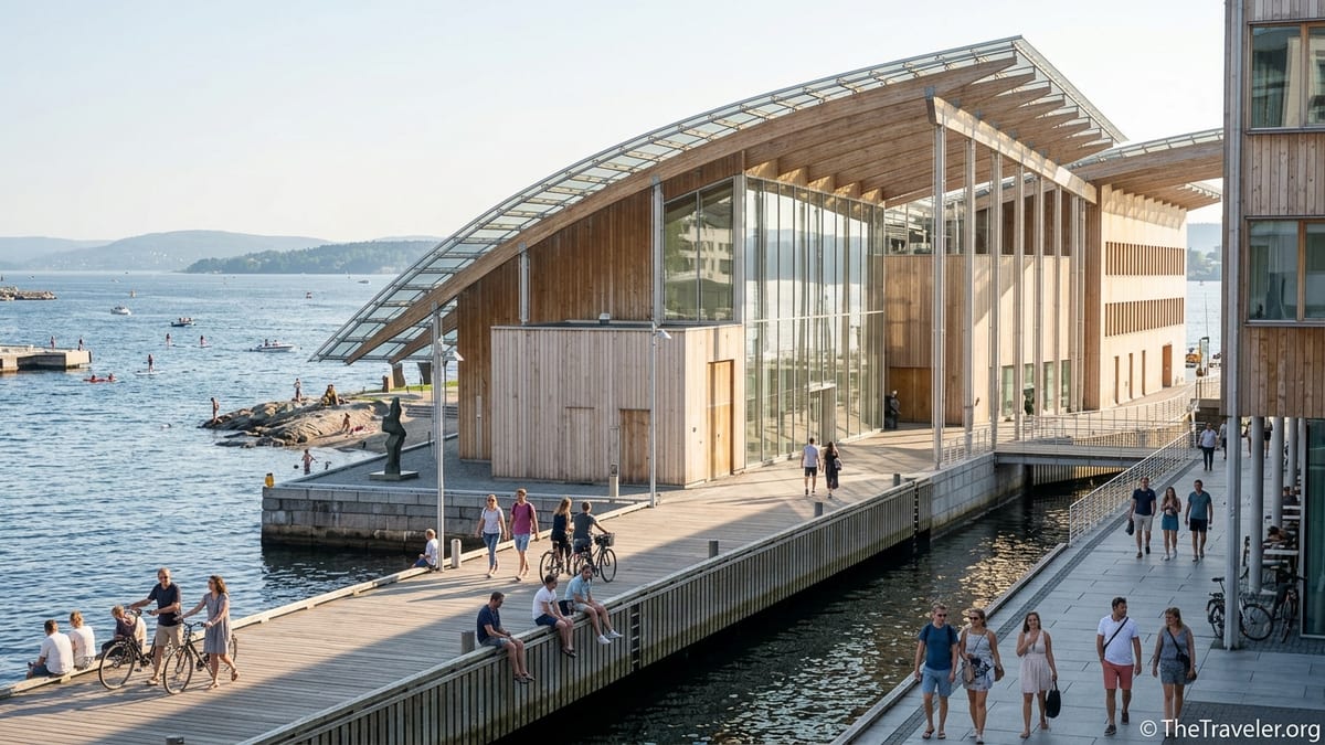 Travelers walking along the Oslo waterfront by the glass and wood Astrup Fearnley Museum at Tjuvholmen.