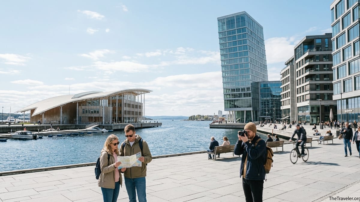 Waterfront promenade in Oslo with modern art museums and fjord views on a sunny day