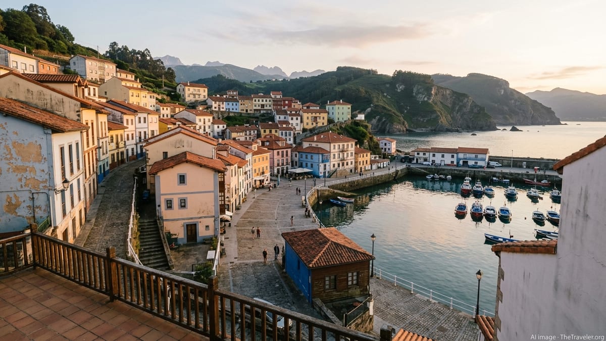 Colorful hillside fishing village of Cudillero in Asturias cascading down to a calm harbor at sunset.