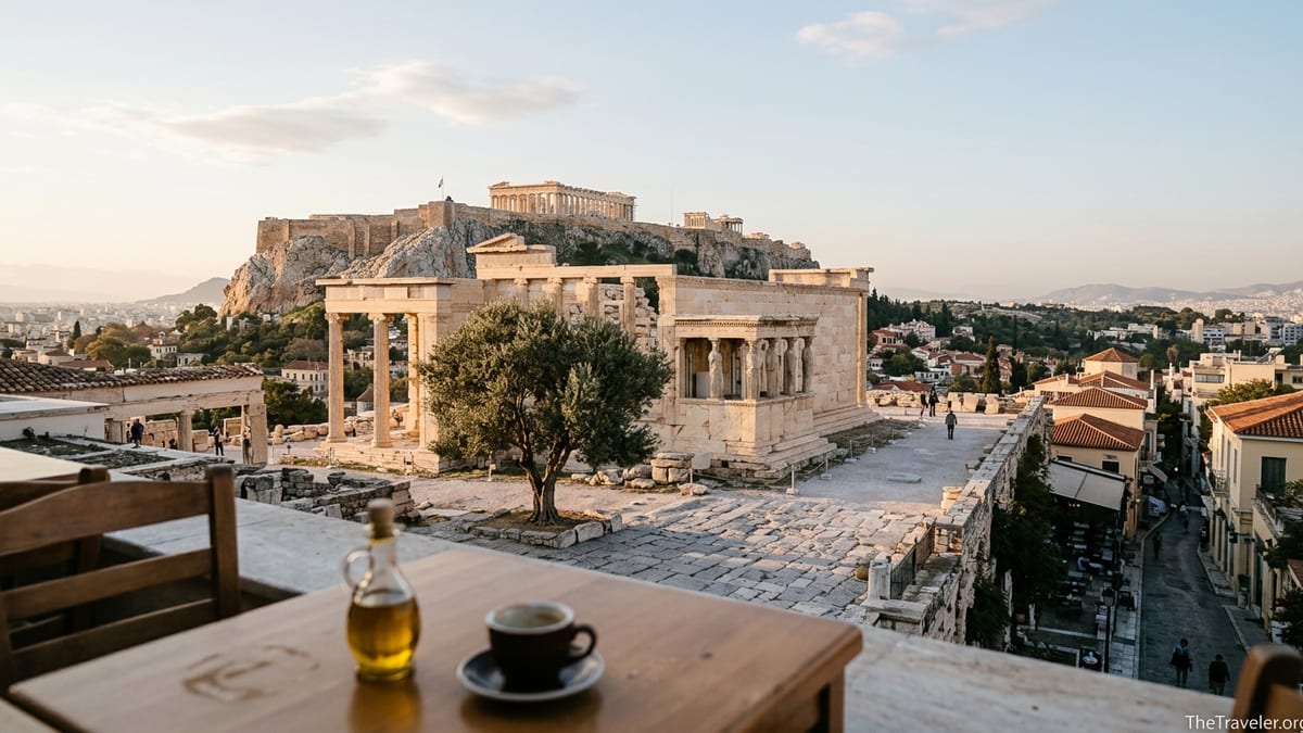 Sunrise view of the Acropolis and an olive tree above Athens from a Plaka terrace.