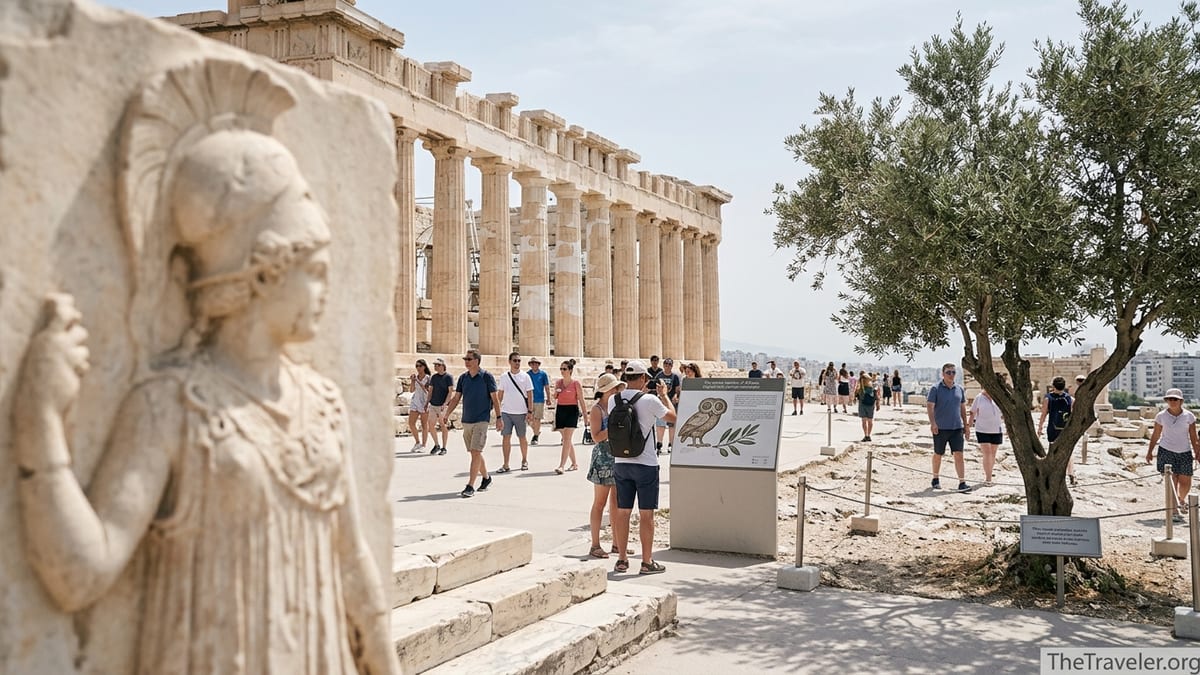 Parthenon on the Acropolis with olive tree and visitors learning about Athena’s symbols.